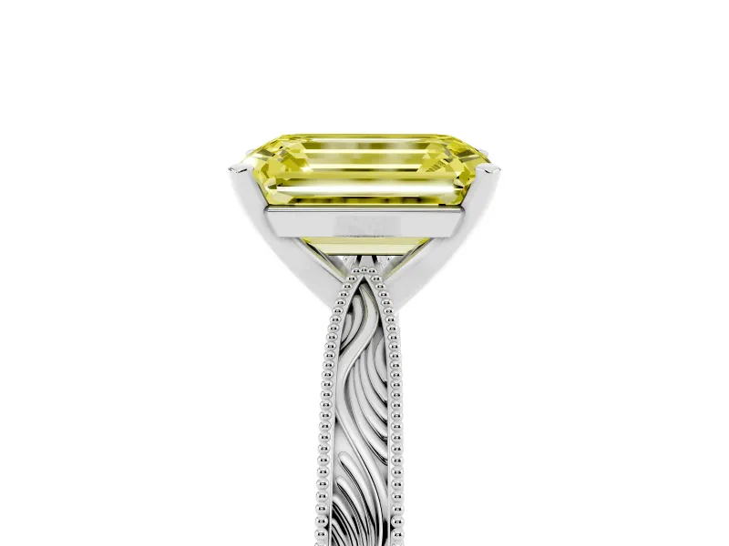 Emerald Cut Engraved Engagement Ring Setting for a Fancy Yellow Lab-Grown Diamond | Platinum