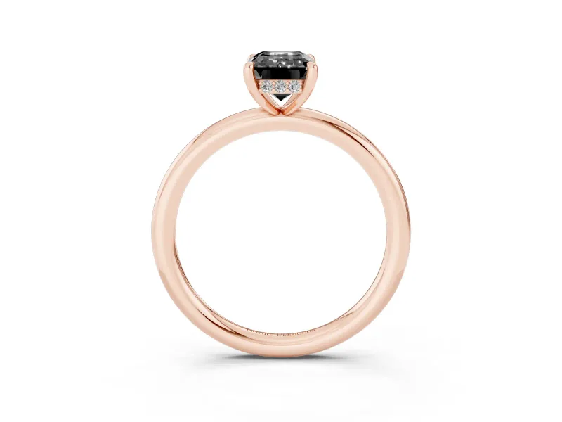 Fancy Black Emerald Cut Diamond Solitaire Ring Set in Rose gold with Thin Band and Prong Setting