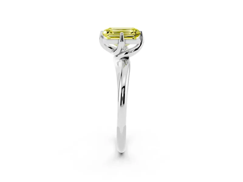 Emerald Cut Bypass Solitaire Engagement Ring Setting for a Fancy Yellow Lab-Grown Diamond | Plain Band | Sterling Silver