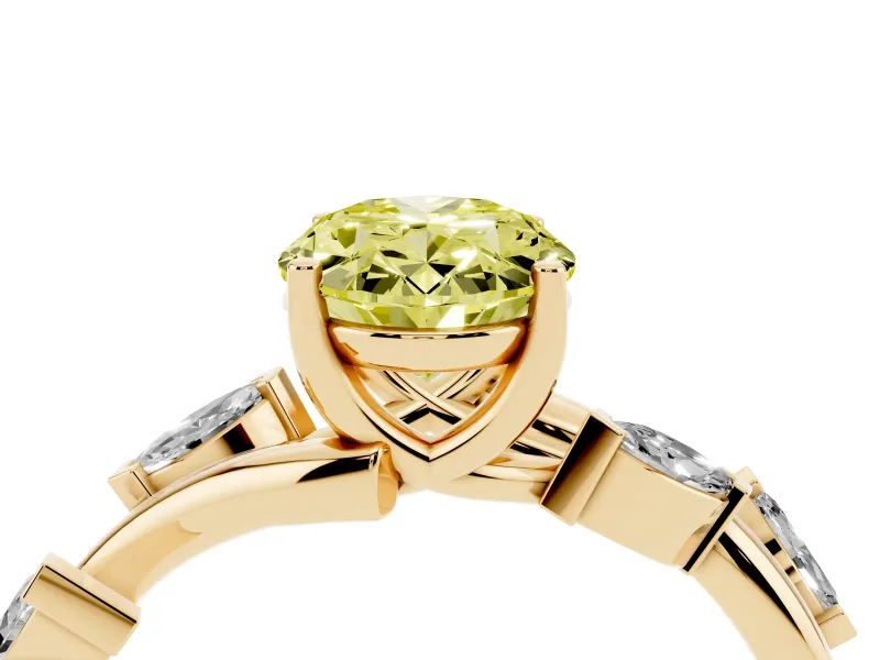 Fancy Yellow Oval Cut Diamond Solitaire Ring Set in Yellow gold with Twisted Marquise Accent Band