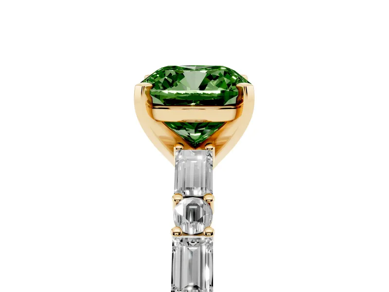 Fancy Green Cushion Cut Diamond Solitaire Set in Yellow gold with Side Baguettes and Channel Set Band