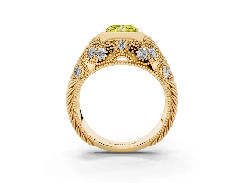Fancy Yellow Princess Cut Diamond Bezel Ring Set in Yellow gold with Milgrain Accent Band