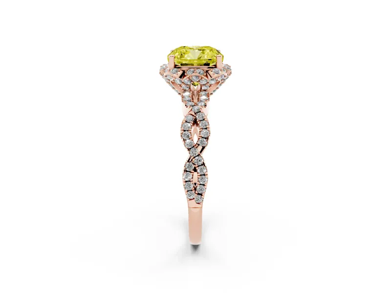 Fancy Yellow Cushion Cut Diamond Halo Twist Band Solitaire Ring Set in Rose gold with Prong-Set Center Stone