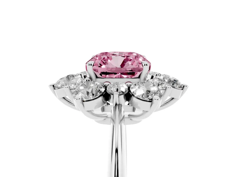 Cushion Cut Cluster Halo Engagement Ring Setting for a Fancy Pink Lab-Grown Diamond | Two-Size Accents | Sterling Silver