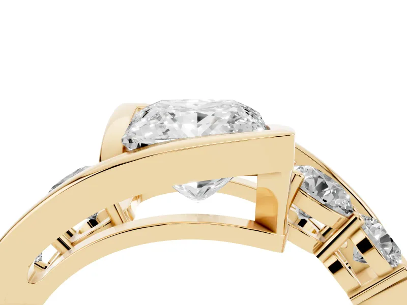 Princess Cut Diamond Bezel Bypass Ring Set in Yellow gold with Round Accents