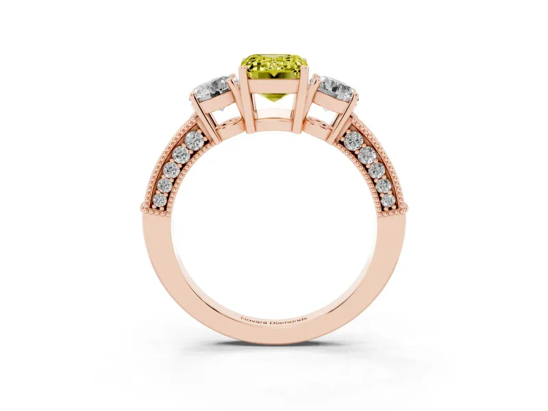 Emerald Cut Three Stone Engagement Ring Setting for a Fancy Yellow Lab-Grown Diamond | Graduated Pave Band | Rose Gold