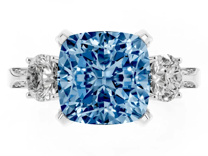 Cushion Cut Hidden Halo Three Stone Engagement Ring Setting for a Fancy Blue Lab-Grown Diamond | Sterling Silver