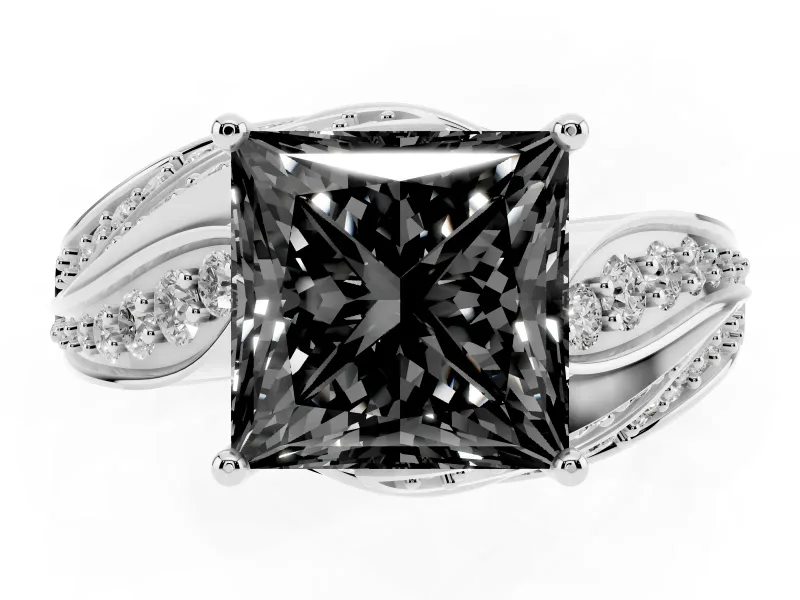 Fancy Black Princess Cut Diamond Solitaire Ring Set in White gold with Layered Twist Pavé Band