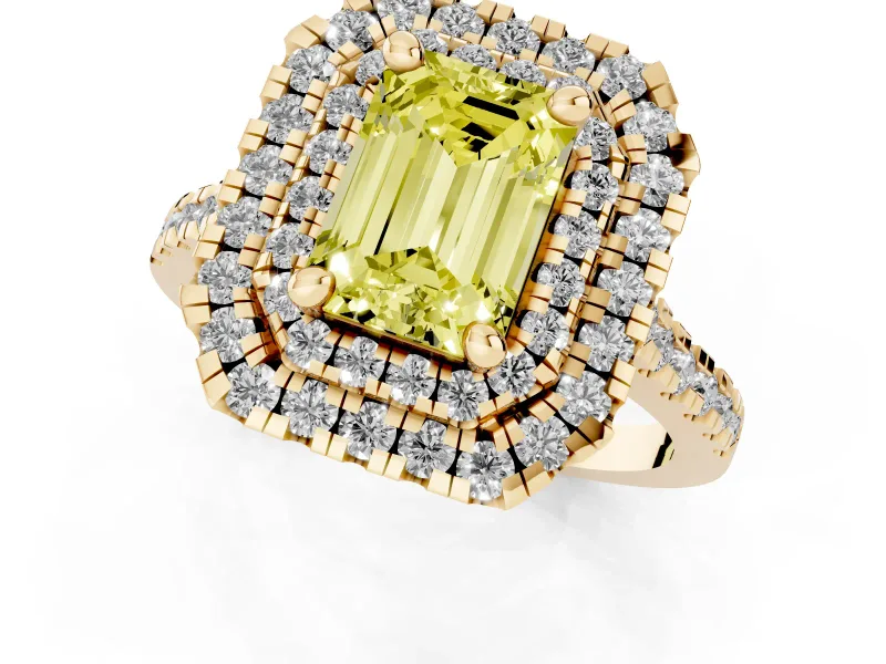 Fancy Yellow Emerald Cut Diamond Double Halo Statement Ring Set in Yellow gold with Pavé Band