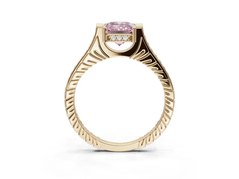 Emerald Cut Vintage Cathedral Engagement Ring Setting for a Fancy Pink Lab-Grown Diamond | Carved Band | Yellow Gold