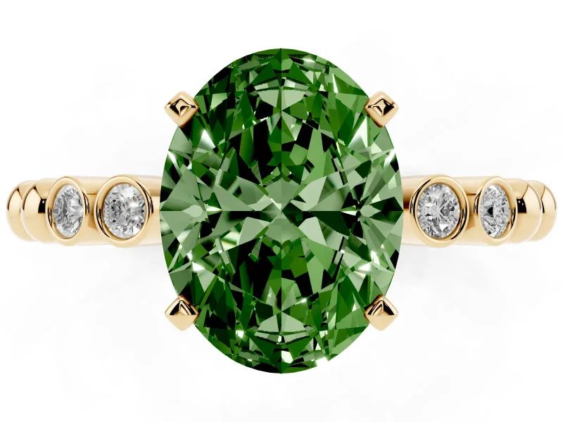 Fancy Green Oval Cut Diamond Solitaire Engagement Ring Set in Yellow gold with Bezel Accents on Beaded Band