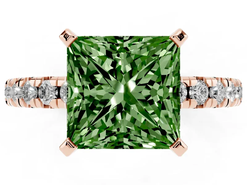 Princess Cut Pavé Solitaire Engagement Ring Setting for a Fancy Green Lab-Grown Diamond | Rose Gold