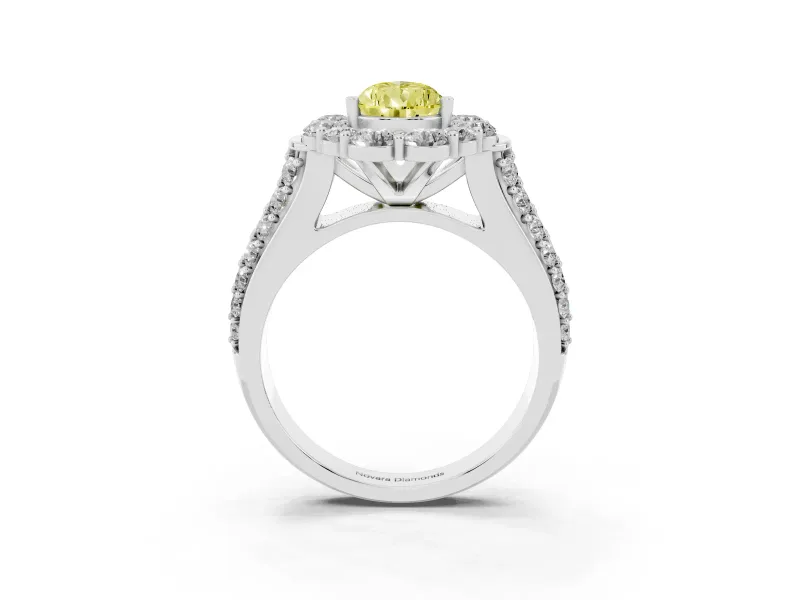 Fancy Yellow Pear Cut Diamond Halo Engagement Ring Set in White gold with Split Shank and Prong Setting