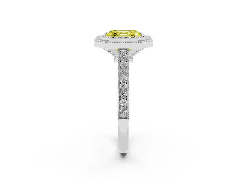 Asscher Cut Vintage Milgrain Halo Engagement Ring Setting for a Fancy Yellow Lab-Grown Diamond | Bezel Head | White Gold