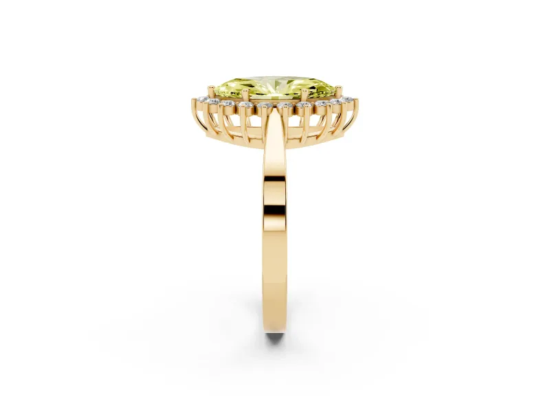 Fancy Yellow Marquise Cut Diamond Halo Ring Set in Yellow gold with Round Halo and Smooth Solitaire Band