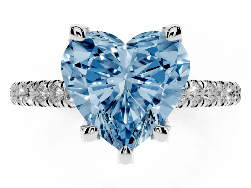 Heart-Shaped Hidden Halo Pave Engagement Ring Setting for a Fancy Blue Lab-Grown Diamond | Claw Prongs | White Gold