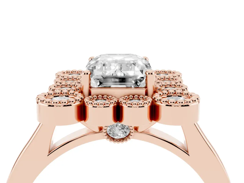 Emerald Cut Vintage Milgrain Bezel Cluster Halo Engagement Ring Setting | Plain Band | Rose Gold