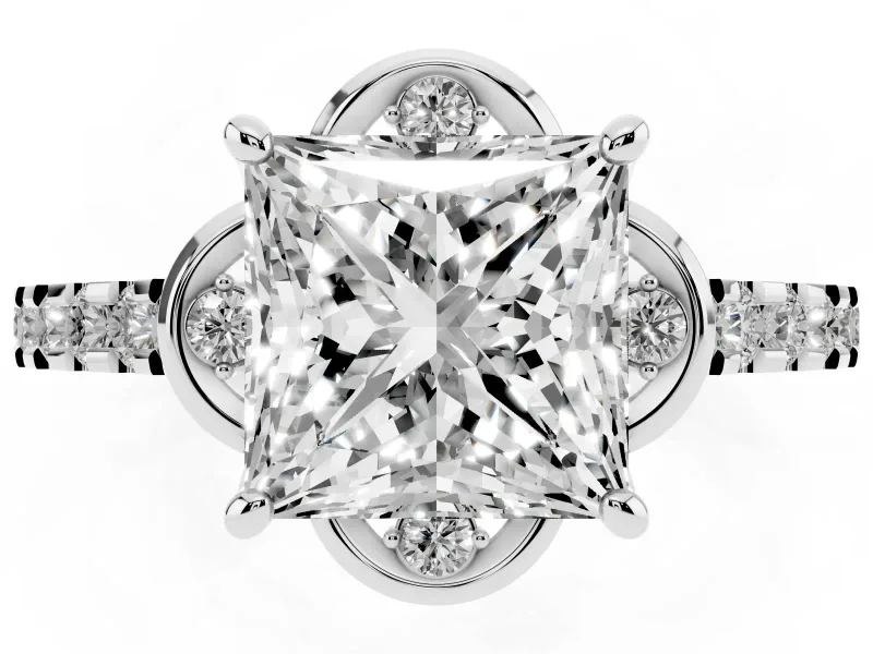 Princess Cut Diamond Solitaire Ring Set in White gold with Pavé Band and Floral Prong Setting
