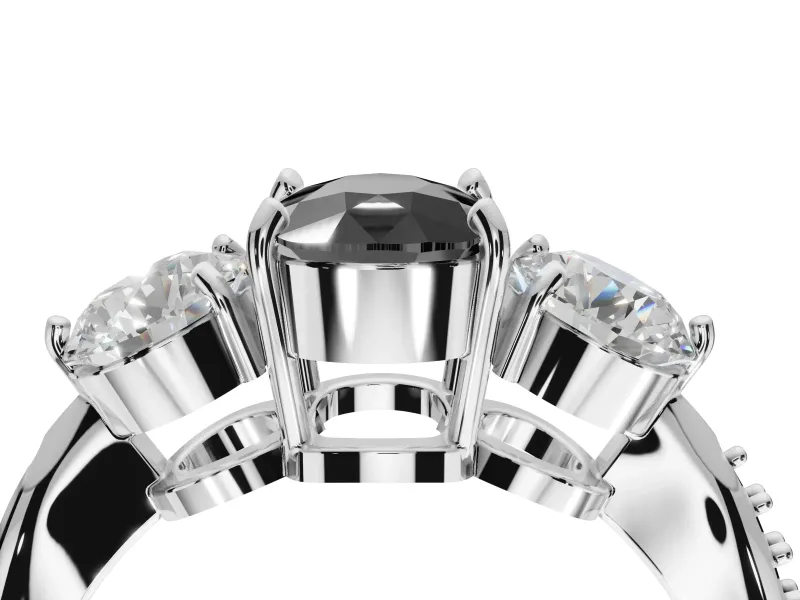 Fancy Black Cushion Cut Lab-Grown Diamond Three-Stone Ring Set in Platinum with Channel-Set Band and Prong Setting