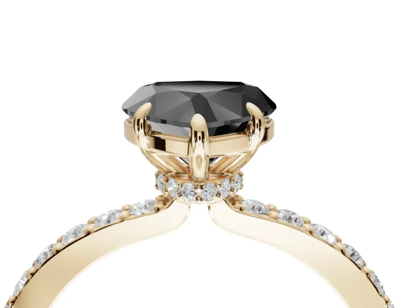 Heart-Shaped Hidden Halo Engagement Ring Setting for a Black Center | Pavé Band | Yellow Gold