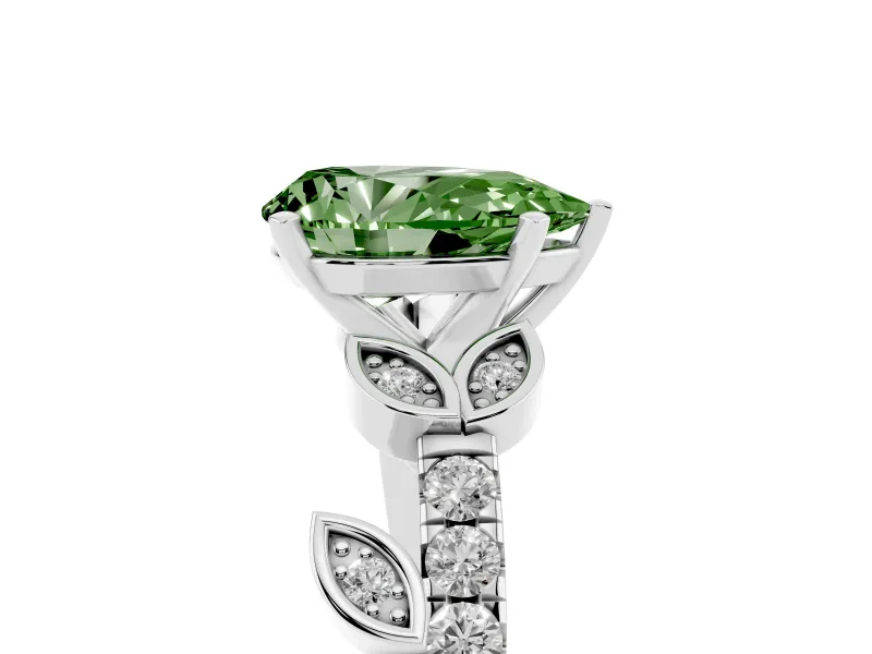Fancy Green Pear Cut Diamond Solitaire Leaf-Inspired Ring Set in Silver with Pavé Band and Prong Setting
