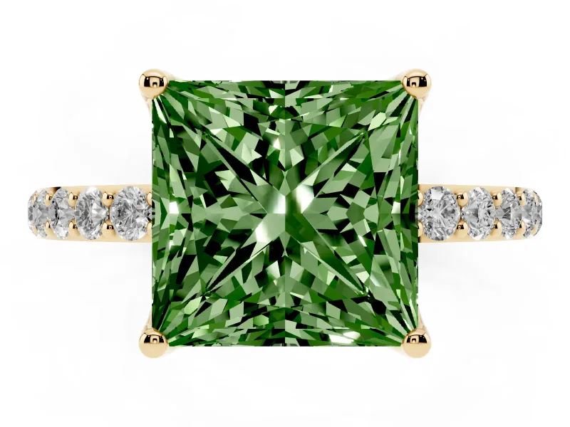 Princess Cut Pave Solitaire Engagement Ring Setting for a Fancy Green Lab-Grown Diamond | Slim Band | Yellow Gold