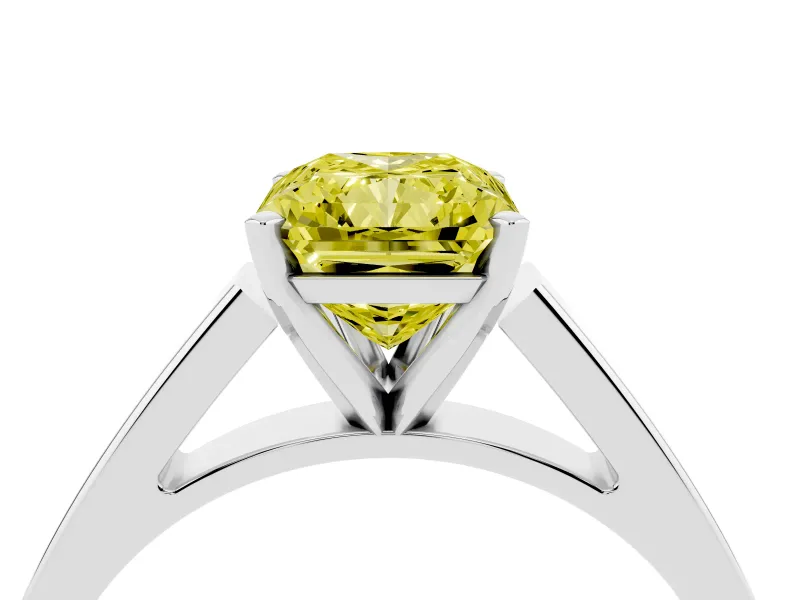 Fancy Yellow Radiant Cut Diamond Solitaire Engagement Ring Set in White gold with Prong Setting and Tapered Band