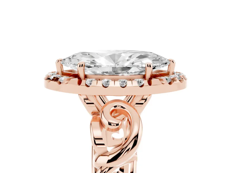 Marquise Cut Diamond Halo Ring Set in Rose gold with Scrollwork Band and Prong Setting