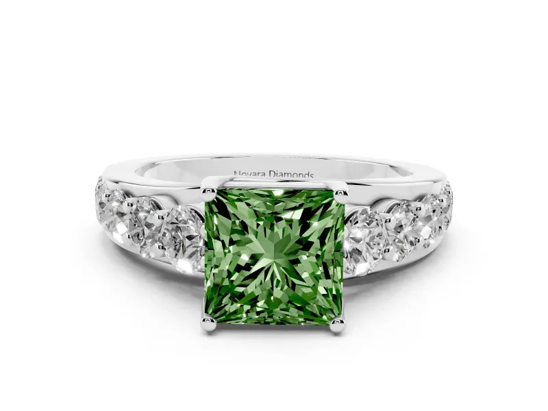 Fancy Green Princess Cut Diamond Pavé Engagement Ring Set in Platinum with Prong Setting
