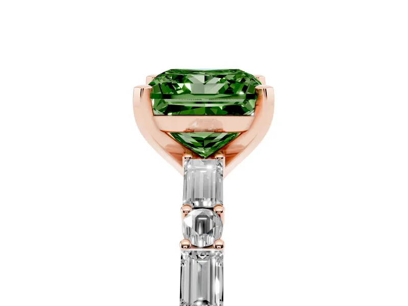 Fancy Green Princess Cut Diamond Solitaire Set in Rose gold with Side Baguettes and Channel Set Band