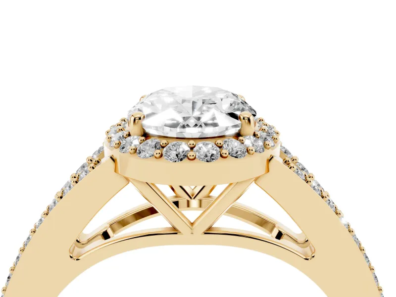 Oval Halo Engagement Ring Setting | V-Split Pavé Band | Yellow Gold