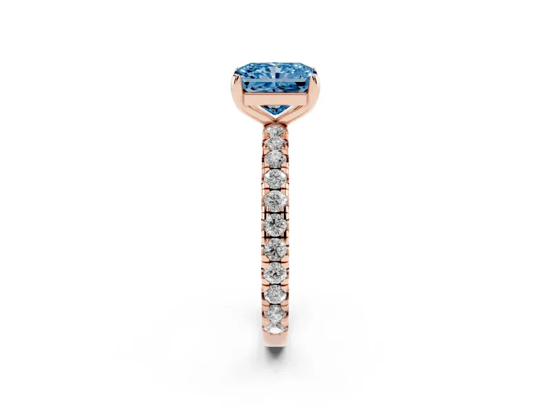 Fancy Blue Radiant Cut Diamond Pavé Solitaire Ring Set in Rose gold with Round Band and Prong Setting