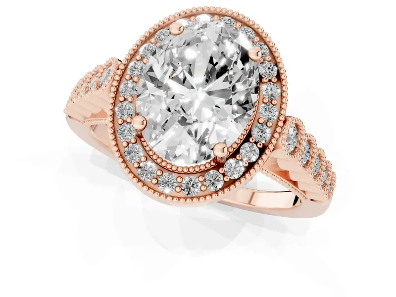 Oval Milgrain Halo Engagement Ring Setting | Graduated Bezel Accents | Rose Gold