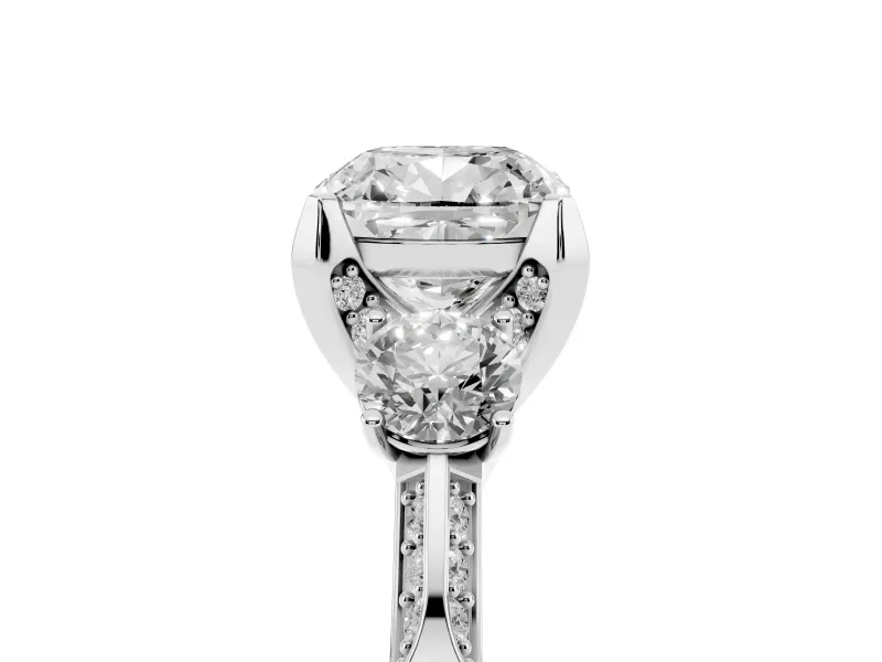 Cushion Cut Hidden Halo Three Stone Engagement Ring Setting | Pave Gallery | Platinum