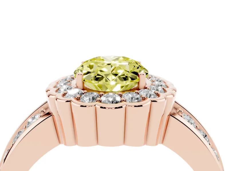 Fancy Yellow Oval Cut Diamond Scalloped Halo Ring Set in Rose gold with Pavé Split Shank