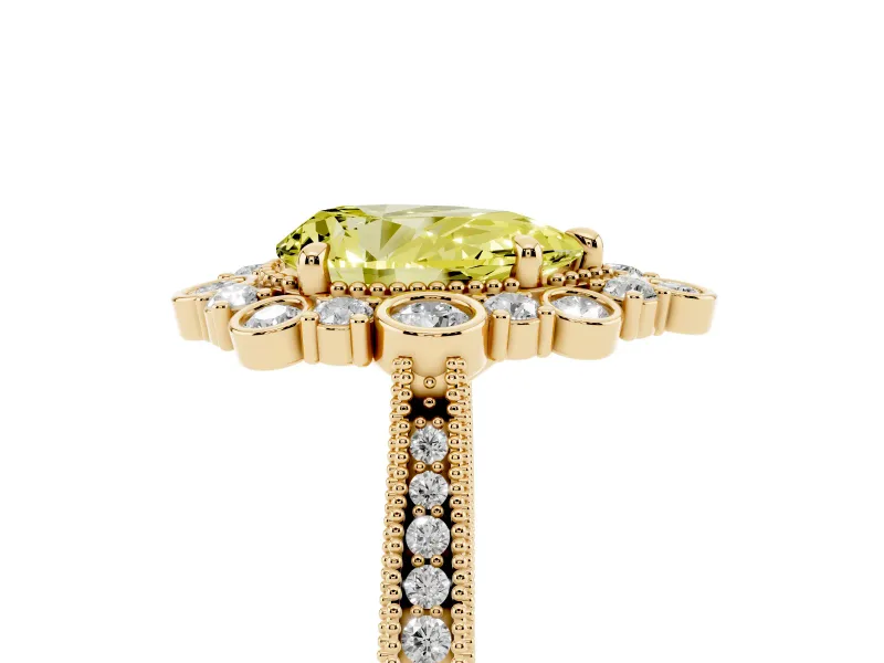 Fancy Yellow Pear Cut Diamond Halo Milgrain Pavé Ring Set in Yellow gold with Prong Setting