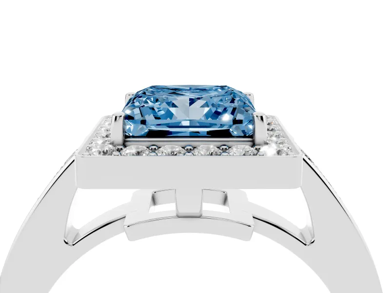 Fancy Blue Princess Cut Diamond Halo Pavé Engagement Ring Set in White gold with Bezel Setting