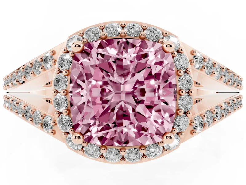 Cushion Cut Split Shank Halo Engagement Ring Setting for a Fancy Pink Lab-Grown Diamond | Rose Gold