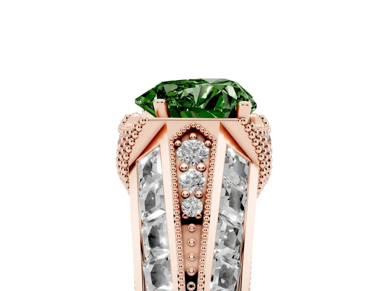 Fancy Green Heart Cut Diamond Vintage-Inspired Milgrain Ring Set in Rose gold with Accent Split Shank