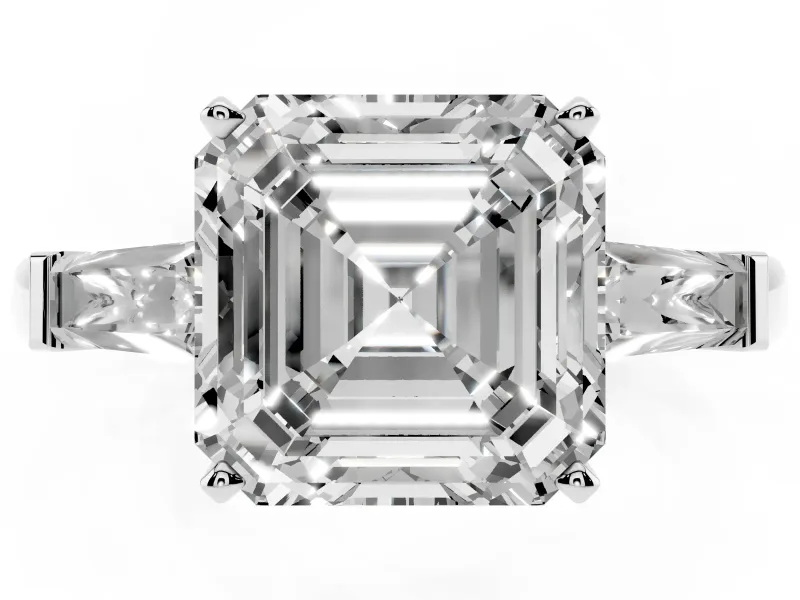Asscher Cut Three Stone Engagement Ring Setting | Tapered Baguettes | Sterling Silver