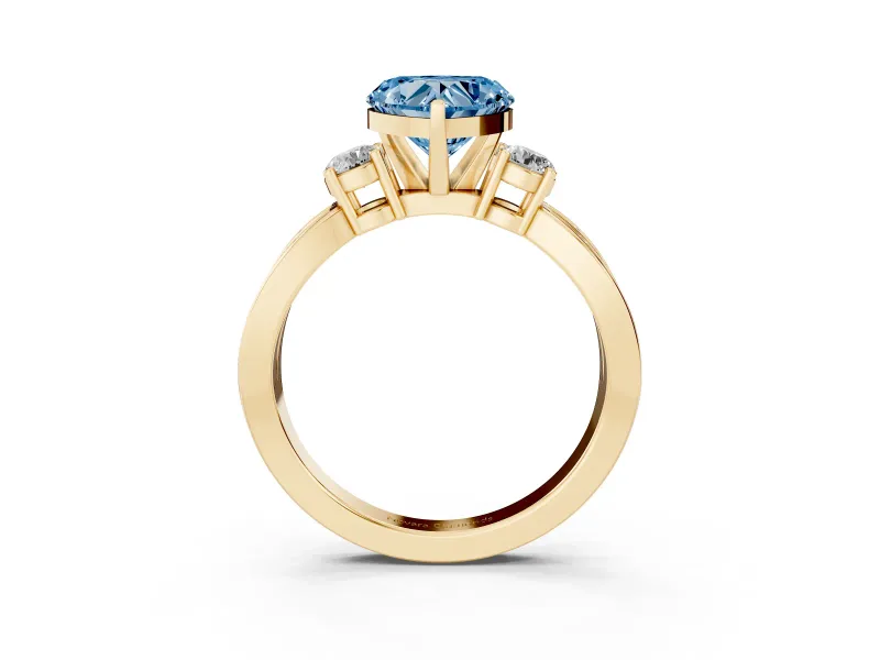 Fancy Blue Three-Stone Heart Cut Diamond Twist Band Ring Set in Yellow gold with Pavé Accents and Prong Setting