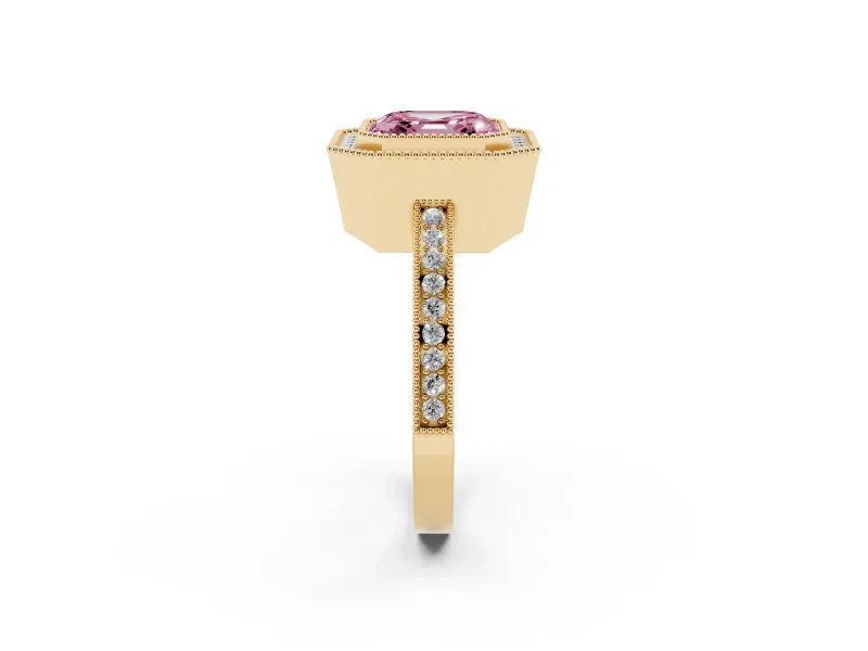 Fancy Pink Asscher Cut Diamond Halo Ring Set in Yellow gold with Pavé Band and Milgrain-Edged Prongs