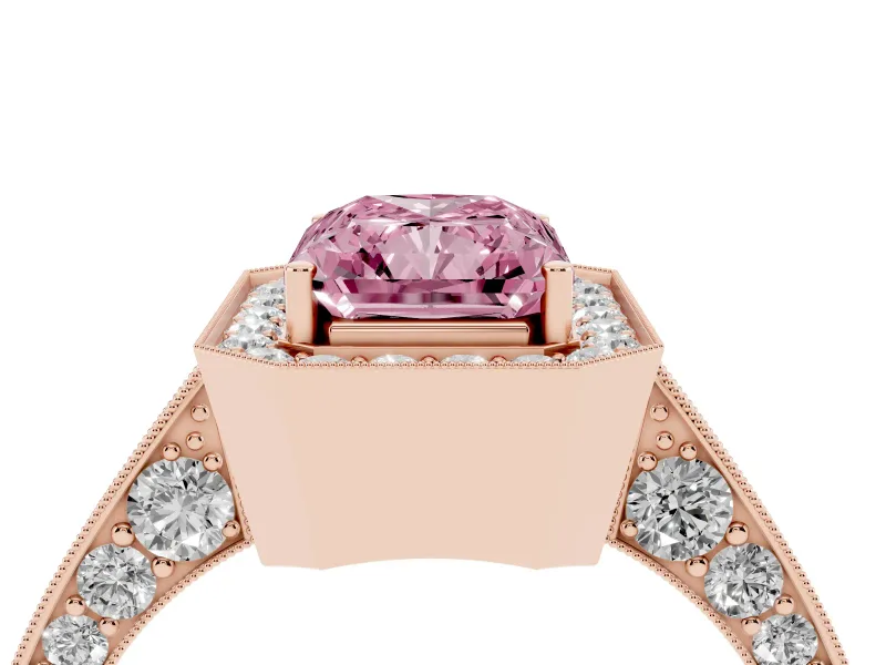 Radiant Cut Milgrain Halo Engagement Ring Setting for a Fancy Pink Lab-Grown Diamond | Side Stones | Rose Gold
