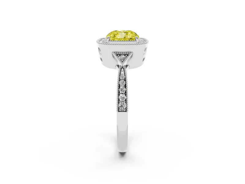 Fancy Yellow Cushion Cut Diamond Halo Engagement Ring Set in Platinum with Milgrain Pavé Band