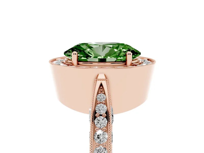 Oval Milgrain Halo Engagement Ring Setting for a Fancy Green Lab-Grown Diamond | Side Stones | Rose Gold