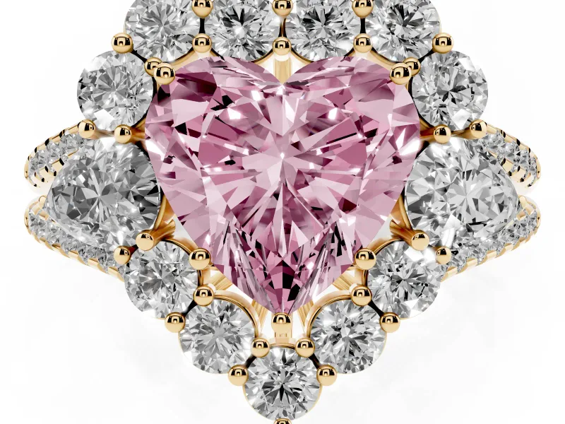 Heart-Shaped Scalloped Halo Engagement Ring Setting for a Fancy Pink Lab-Grown Diamond | Pear Side Stones | Yellow Gold