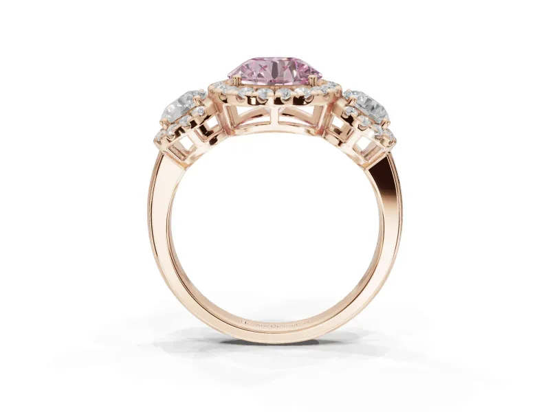 Round Three Stone Halo Engagement Ring Setting for a Fancy Pink Lab-Grown Diamond | Rose Gold