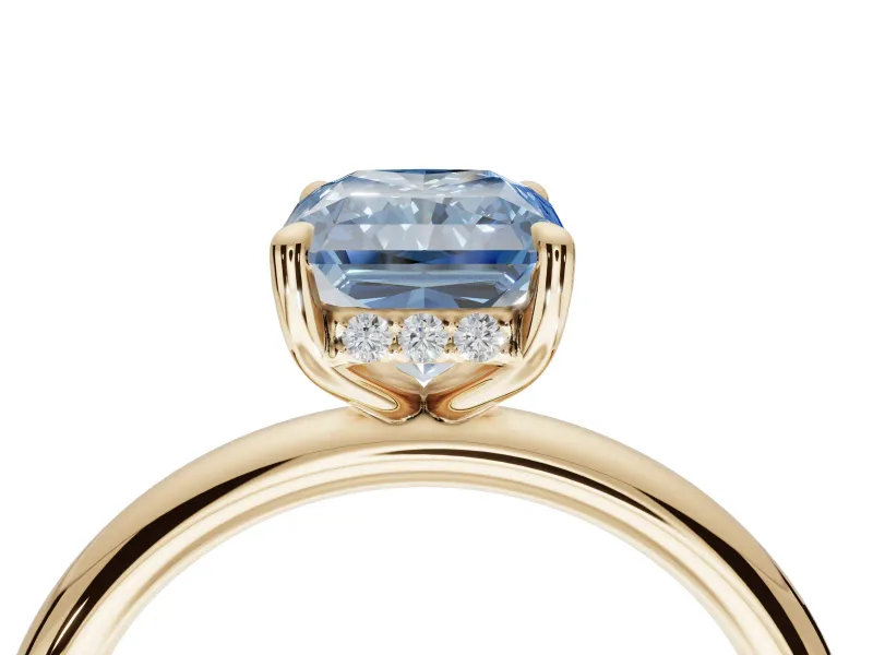 Radiant Cut Hidden Halo Ring Setting for a Fancy Blue Lab-Grown Diamond | Yellow Gold