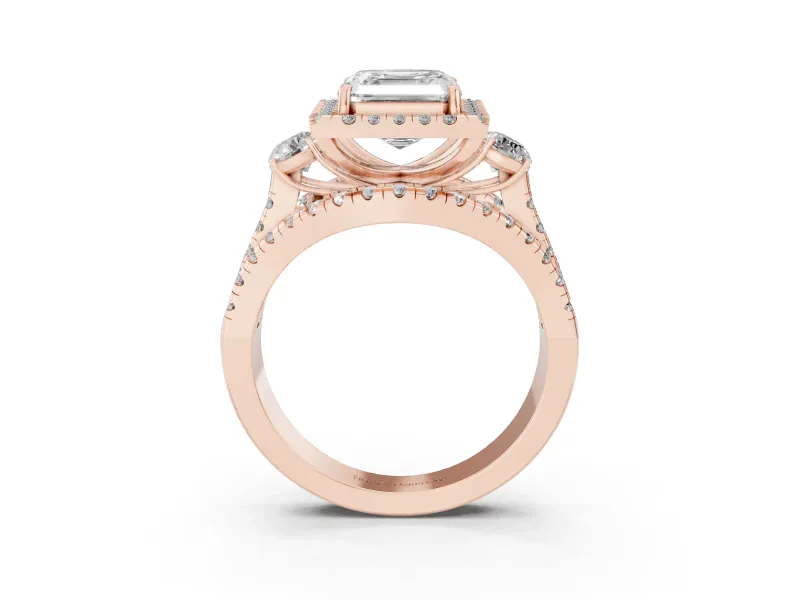 Asscher Cut Halo Split Shank Engagement Ring Setting | Round Side Stones | Rose Gold