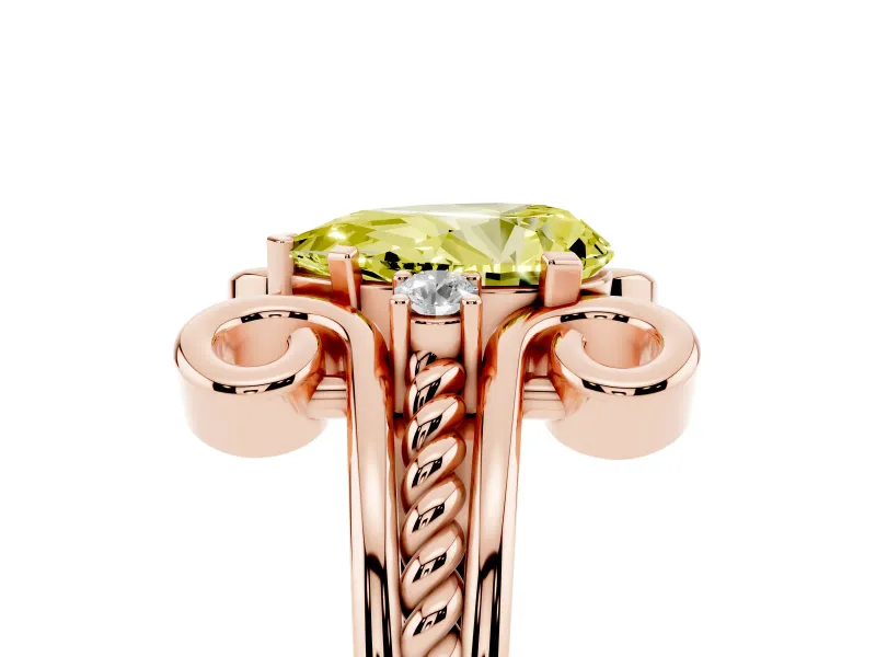 Fancy Yellow Pear Cut Diamond Twisted Band Solitaire Ring Set in Rose gold with Scroll Prongs